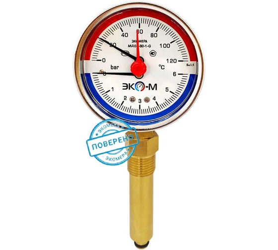 Термоманометр ЭКО-М Экомера МД04-80мм 0..6бар 0..120С G1\4 L=60mm с переходником на G1\2 (ТН ВЭД 9026204000) МД04-80-G-6-120-L-60-РИ