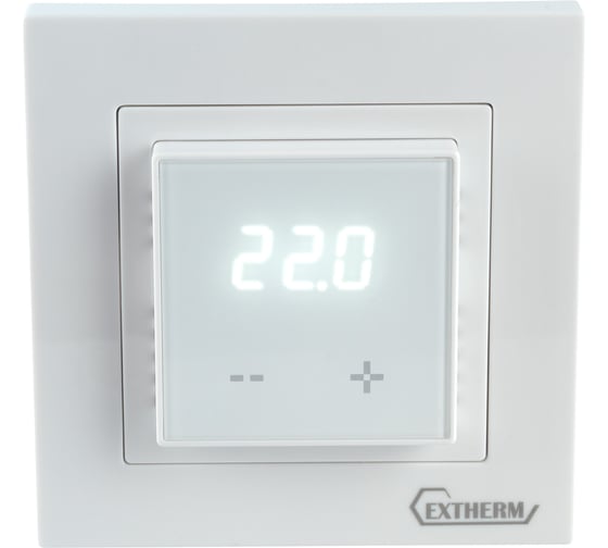 Програмируемый термостат EXTHERM с сенсорными кнопками и датчиком температуры пола, без расписания, совместим с рамками с внутренним размером 56 * 56 мм  Schneider Unica, Exxact и Legrand Valena, белый,  ET-43(w)