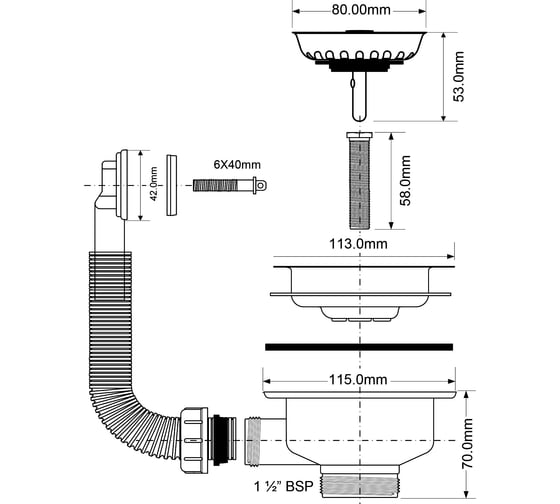 Перелив McAlpine с прямоугольным сливом, ф40-113 и со съемной решеткой OR2-113S