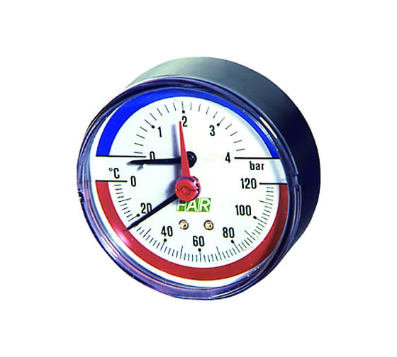 Термоманометр FAR 0-10 бар, 0-120 C, 80 мм, торцевое соединение 1/2" FA 2550P10 12