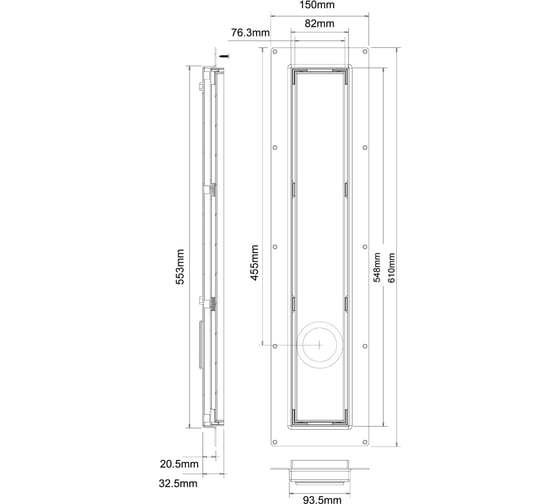 Решетка для трапа McAlpine 54,5x8,8см хром, под плитку, с основанием и ножками слив. отв. 5,2см CD600-P-NT