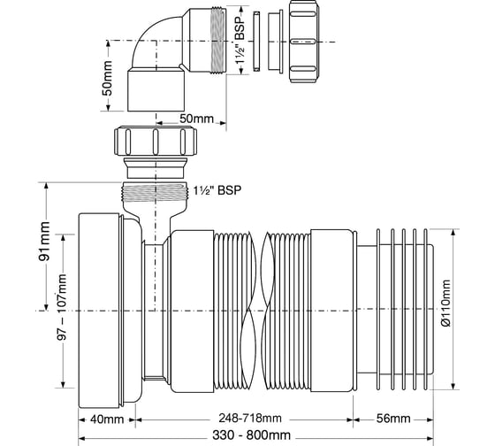 Гофра для унитаза McAlpine с отводом, 1м. MRWC-F33RD