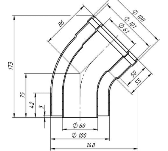Колено коаксиальное УТДК 60x100-45 772322