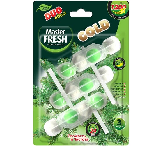 Подвесной блок для унитаза Master Fresh Duo Effect Gold 5 в 1, хвоя, 3 шт 263927 1
