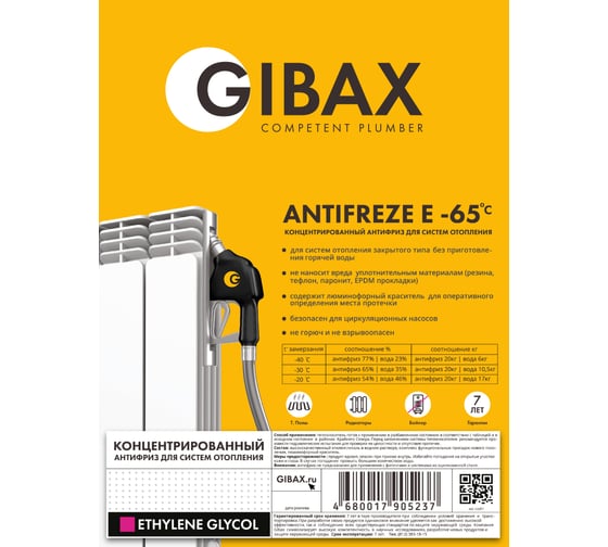 Теплоноситель этиленгликоль GIBAX Antifreeze -65 град, 10 кг GF02-100000