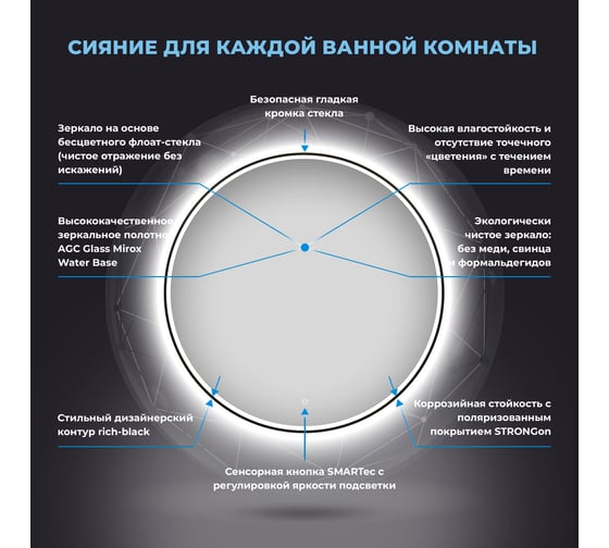 Настенное зеркало для ванной с подсветкой для макияжа Wellsee 7 Rays' Spectrum круглое 50 см с тонким черным матовым контуром, яркая LED-подсветка 172200190