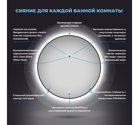 Настенное декоративное зеркало с подсветкой и тонким черным матовым контуром Wellsee 7 Rays' Spectrum Круглое 60 см, для ванной и прихожей 172200110