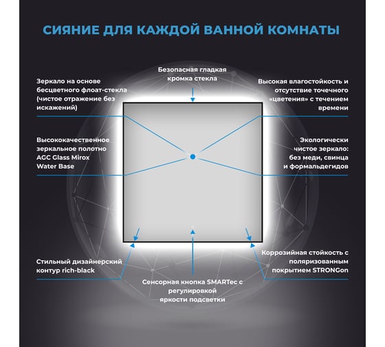 Настенное декоративное зеркало с подсветкой и тонким черным матовым контуром Wellsee 7 Rays' Spectrum Квадратное 60 х 60 см, для ванной и прихожей 172200350