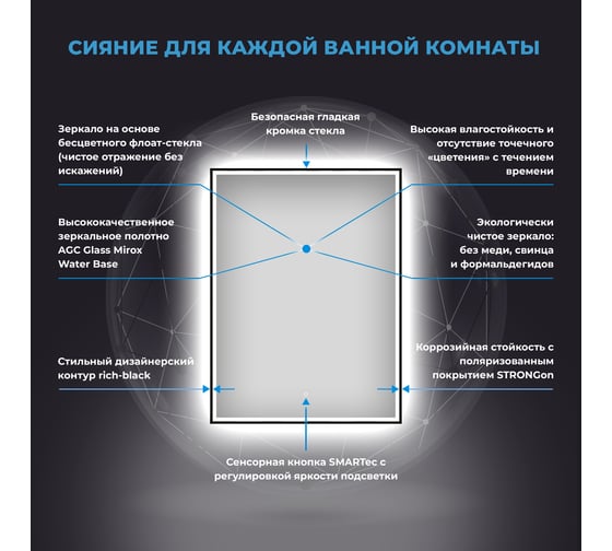 Настенное зеркало для ванной с подсветкой для макияжа Wellsee 7 Rays' Spectrum прямоугольное 50 х 65 см с тонким черным матовым контуром, яркая LED-подсветка 172201160