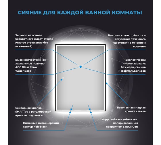 Настенное прямоугольное зеркало для ванной с подсветкой для макияжа для ванной и прихожей Wellsee 7 Rays' Spectrum 70 х 90 см, с тонким черным матовым контуром 172201320