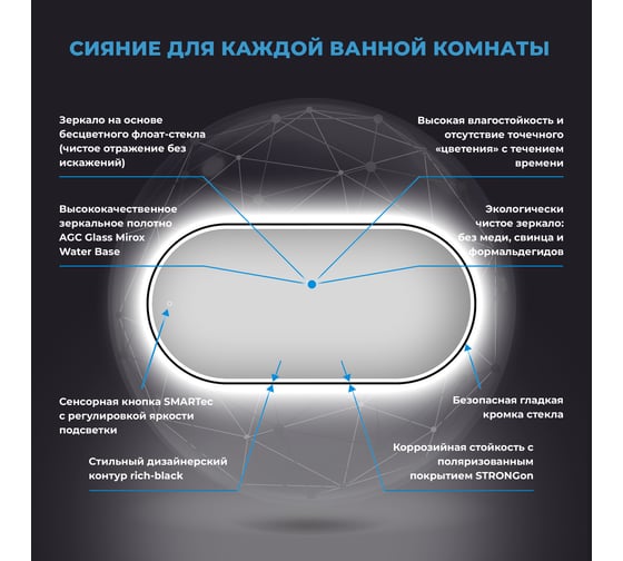 Настенное зеркало для ванной и прихожей с подсветкой для макияжа Wellsee 7 Rays' Spectrum большое 120 х 60 см, с тонким черным матовым контуром 172202060