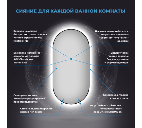 Настенное интерьерное зеркало с подсветкой для ванной комнаты (влагостойкое) и прихожей Wellsee 7 Rays' Spectrum 55 х 100 см с тонким черным матовым контуром 172201540