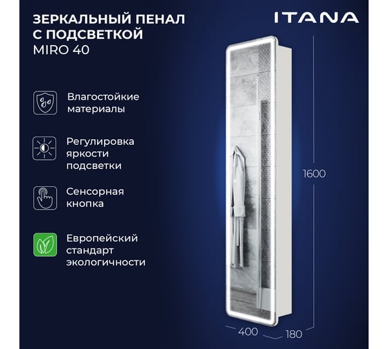 Зеркальный пенал с подсветкой ИТАНА miro 40 400x180x1600 Белый глянец 4657792956389