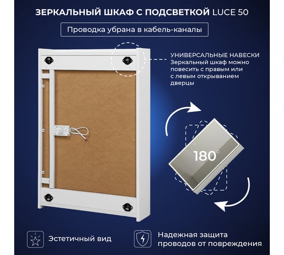 Зеркальный шкаф с подсветкой ИТАНА luce 50 500x150x790 универсальный Белый глянец 4657792953791