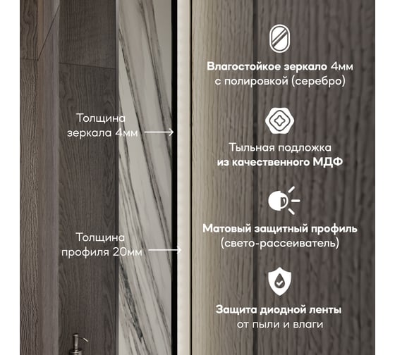 Зеркало арка безрамное GENGLASS ARKELO NF LED S, контурная нейтральная подсветка с сенсором, GGL-04-S-4000-2