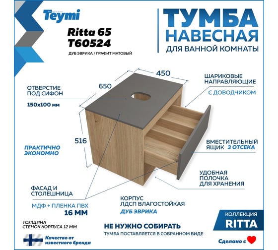 Тумба подвесная Teymi Ritta 65, ящик с доводчиком, цвет дуб эврика/графит матовый T60524 ЦБ-00269244