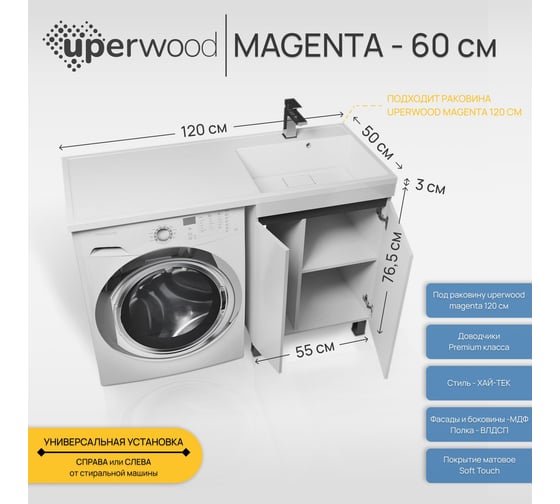 Тумба под стиральную машину Uperwood Magenta 60 см, напольная, белая/графит, с дверцами 5930205157