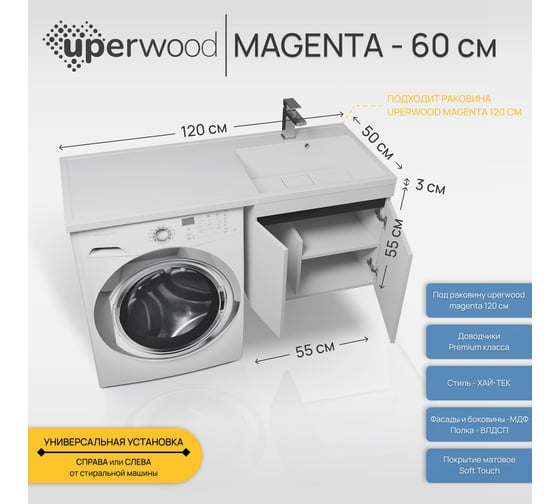 Тумба под стиральную машину Uperwood Magenta 60 см, подвесная, белая/графит, с дверцами 5930205151