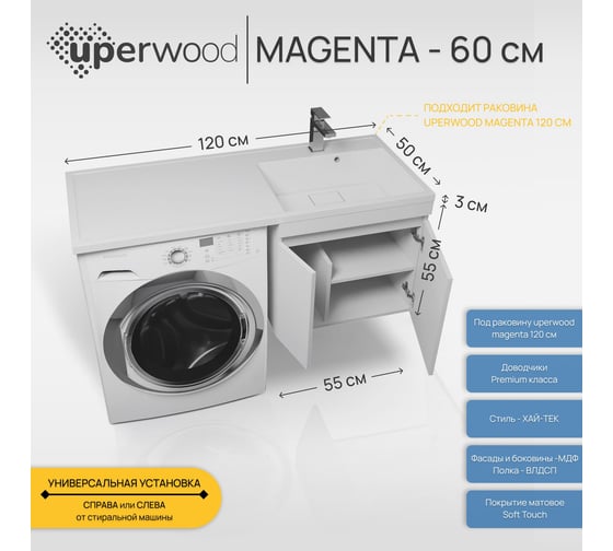Тумба под стиральную машину Uperwood Magenta 60 см, подвесная, белая, с дверцами 5930205150