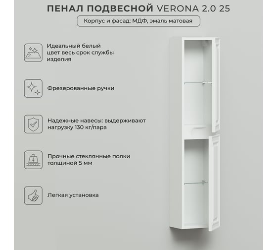 Подвесной пенал ИТАНА Verona 25 250x200x1200, эмаль, белый матовый 4657810333758