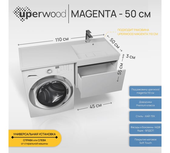 Тумба под стиральную машину Uperwood Magenta 50 см, подвесная, белая/графит, выдвижной ящик 5930205163