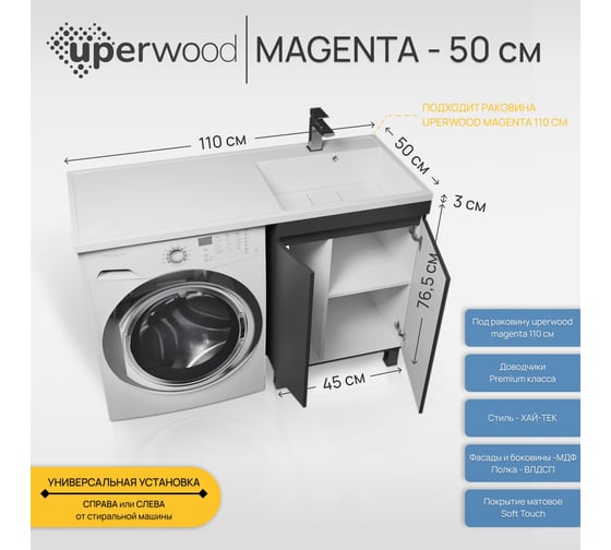Тумба под стиральную машину Uperwood Magenta 50 см, напольная, черная, с дверцами 5930205167