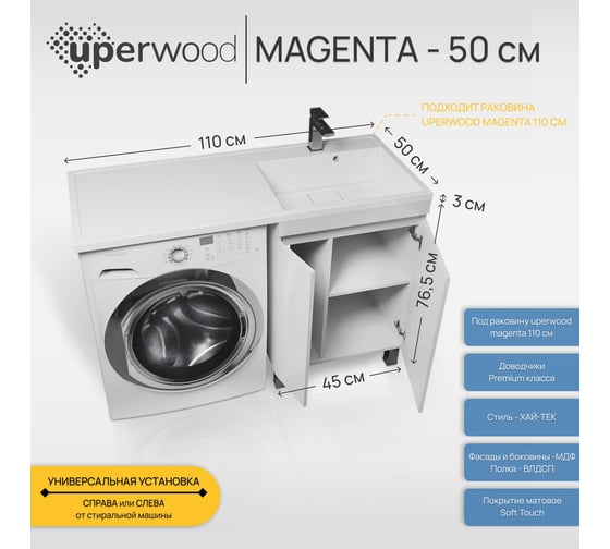 Тумба под стиральную машину Uperwood Magenta 50 см, напольная, белая, с дверцами 5930205165