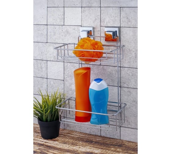 Полка в ванную TEKNO-TEL EF256 прямая, 2 яруса, 27x15x37 самоклеящаяся хром EF256
