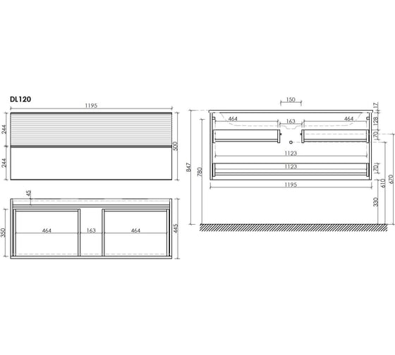 Подвесная тумба Sancos Delta 1195x445x500, c двумя ящиками оснащенными доводчиками, дуб красный/графит DL120GR