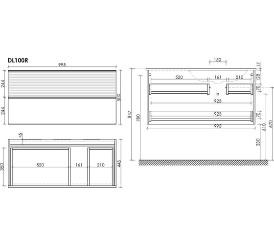 Подвесная тумба Sancos Delta 995x445x500, c двумя ящиками оснащенными доводчиками, правая, дуб светлый/белый DL100RW