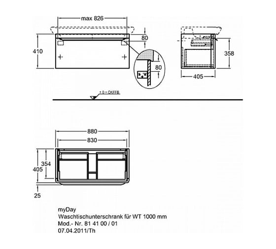 Шкафчик под раковину GEBERIT myDay 880х410х405 мм, 1 ящик, с подсветкой 824101000 00000045673