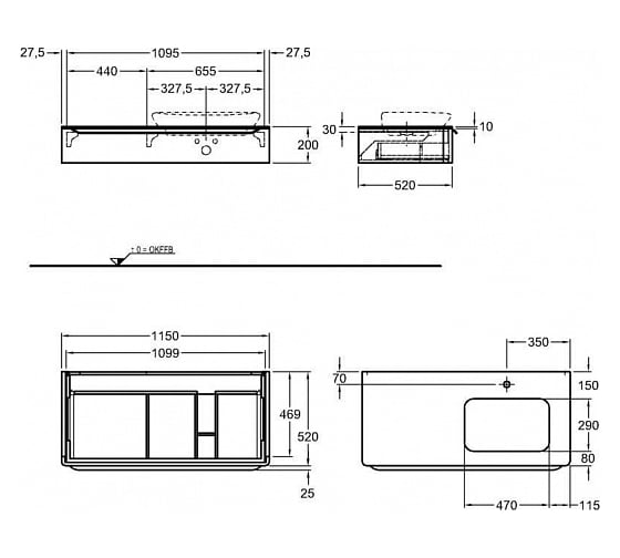 Шкафчик под раковину GEBERIT myDay 1150x200x520 мм, с отверстием справа 824160000 00000047684