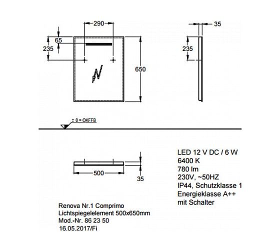 Зеркало с подсветкой GEBERIT Renova Compact 500х650 мм 862350000 00000044657