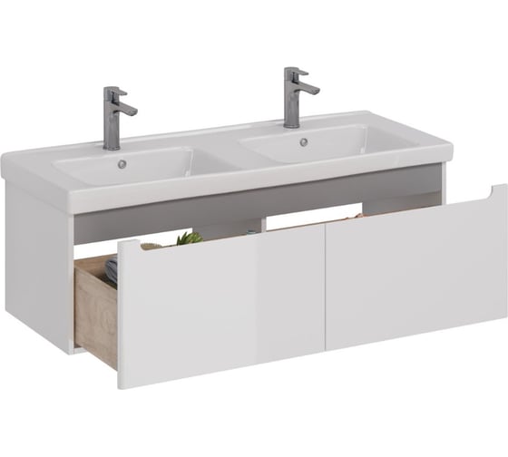 Тумба Lemark BUNO MINI 125 см под 2 раковины, подвесная, 2 ящика, цвет планки: Серый, цвет корпуса, фасада: Белый глянец LM05BM125T