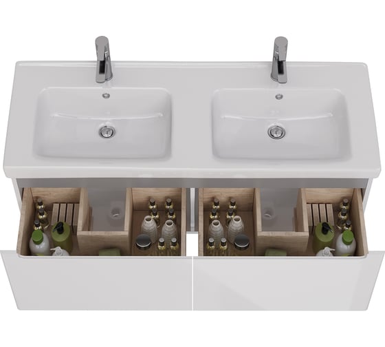 Тумба Lemark BUNO MINI 125 см под 2 раковины, подвесная, 2 ящика, цвет планки: Серый, цвет корпуса, фасада: Белый глянец LM05BM125T