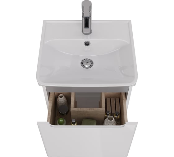 Тумба Lemark BUNO MINI 45 см под 1 раковину, подвесная, 1 ящик, цвет планки: Серый, цвет корпуса, фасада: Белый глянец LM05BM45T