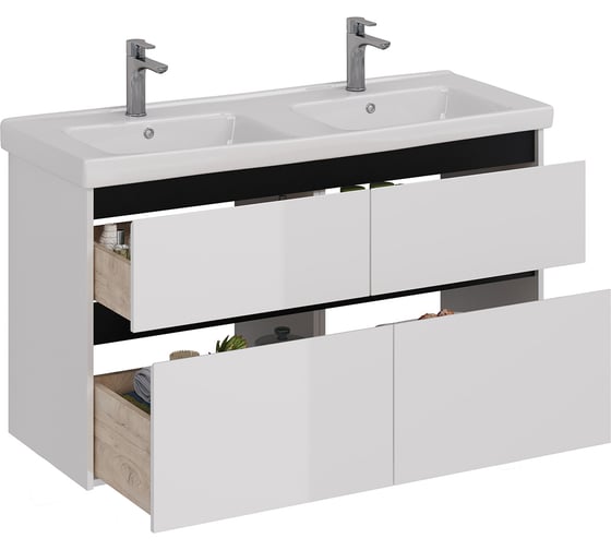 Тумба Lemark COMBI 125 см под 2 раковины, подвесная/напольная,4 ящика, цвет планки: Чёрный, цвет корпуса, фасада: Белый глянец LM03C125T-black