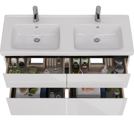 Тумба Lemark COMBI 125 см под 2 раковины, подвесная/напольная,4 ящика, цвет планки: Чёрный, цвет корпуса, фасада: Белый глянец LM03C125T-black