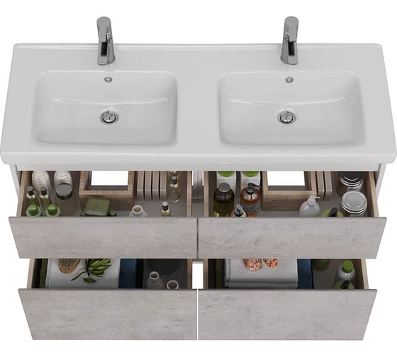 Тумба Lemark COMBI 125 см под 2 раковины, подвесная/напольная,4 ящика, цвет фасада: Бетон, цвет корпуса: Белый глянец LM03C125T-Beton