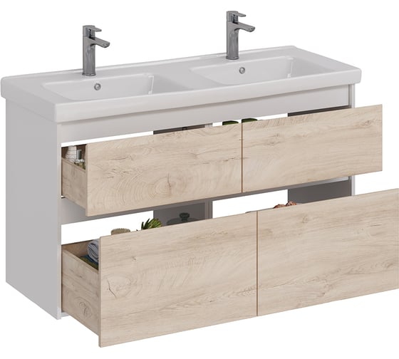 Тумба Lemark COMBI 125 см под 2 раковины, подвесная/напольная,4 ящика, цвет фасада: Дуб кантри, цвет корпуса: Белый глянец LM03C125T-dub
