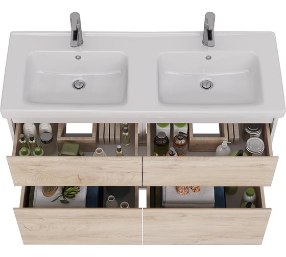 Тумба Lemark COMBI 125 см под 2 раковины, подвесная/напольная,4 ящика, цвет фасада: Дуб кантри, цвет корпуса: Белый глянец LM03C125T-dub