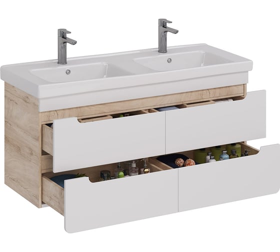Тумба Lemark OLIVIA 125 см под 2 раковины, подвесная,4 ящика, цвет корпуса: Дуб кантри, цвет фасада: Белый глянец LM08OL125T