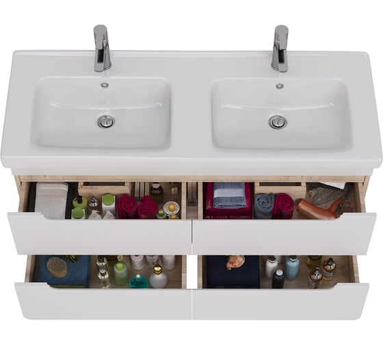 Тумба Lemark OLIVIA 125 см под 2 раковины, подвесная,4 ящика, цвет корпуса: Дуб кантри, цвет фасада: Белый глянец LM08OL125T