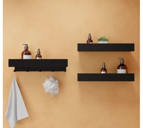 Полки для ванной комнаты INCANTOMETALLICO Rubino 45x10x6 см, набор 3 шт с крючками, металлические черные rubino черные 3 шт 2 полки + крючки