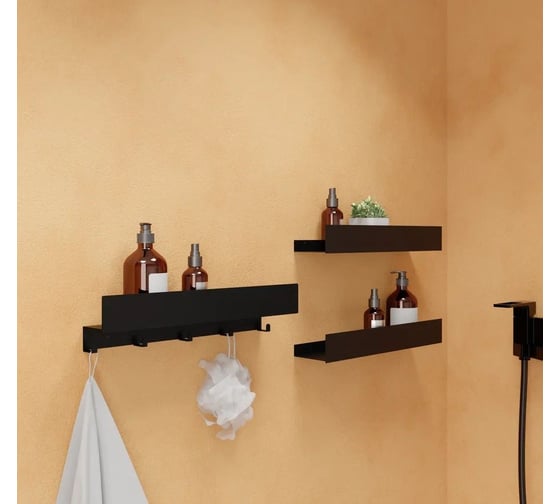 Полки для ванной комнаты INCANTOMETALLICO Rubino 45x10x6 см, набор 3 шт с крючками, металлические черные rubino черные 3 шт 2 полки + крючки