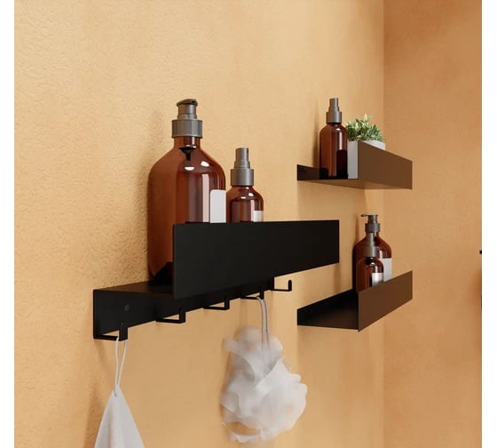 Полки для ванной комнаты INCANTOMETALLICO Rubino 45x10x6 см, набор 3 шт с крючками, металлические черные rubino черные 3 шт 2 полки + крючки