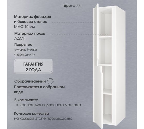 Шкаф-пенал для ванной Uperwood Modul_33х36х150 см, подвесной, с дверцами, матовый белый 2930205201