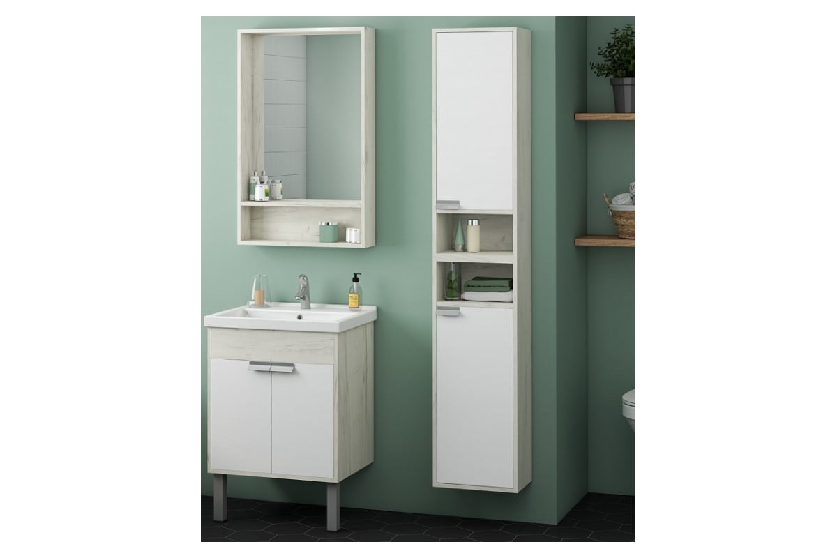 Тумба AQUATON Флай 60 белый, дуб крафт, Умывальник Миранда-60 00056766 ...