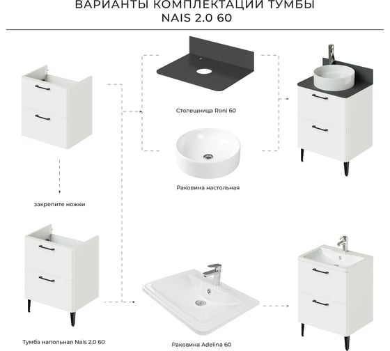 Тумба со столешницей напольная ИТАНА Nais 60 2.0 602x458x760 Белый матовый 4657810335240