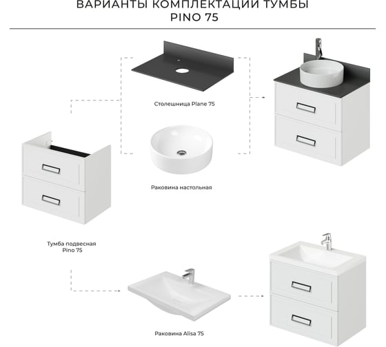 Подвесная тумба под раковину ИТАНА Pino 75 739x471x600 Белый матовый 4657821041383